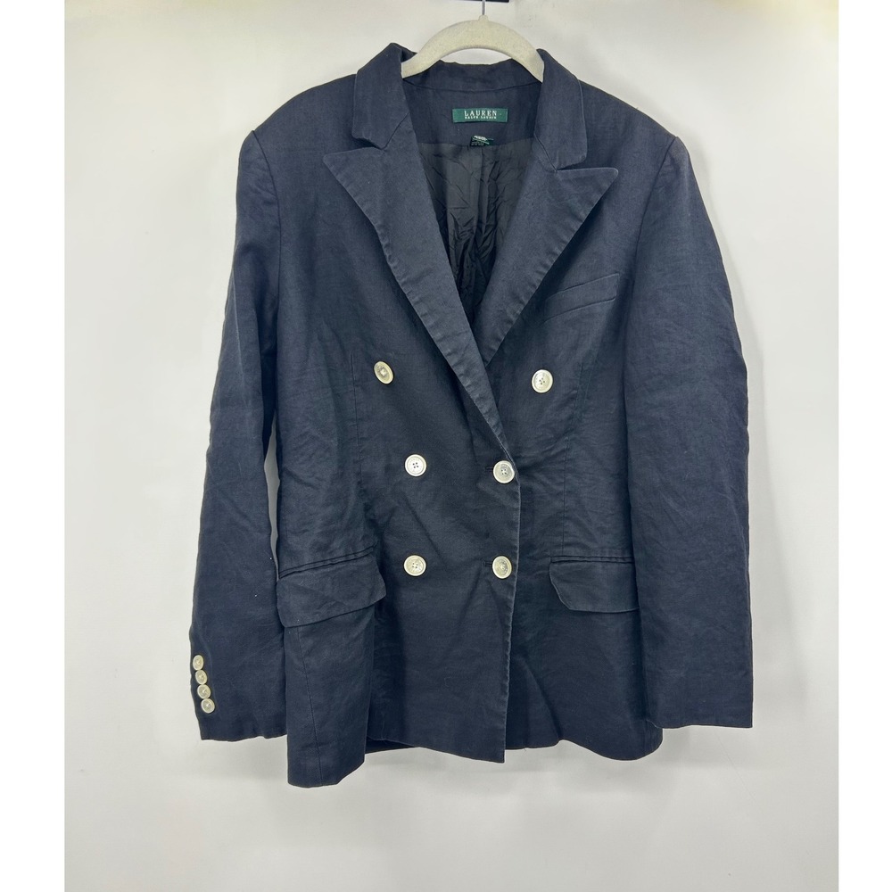 Lauren Ralph Lauren Navy Black 100% Linen Double Breasted Blazer Jacket Size 12